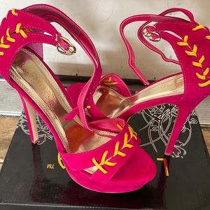 Pink and yellow suede heels. BRAND NEW